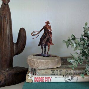 Metal and Stone Cowboy Sculpture - Lazart - Horse and Rider and Lasso Paperweigh